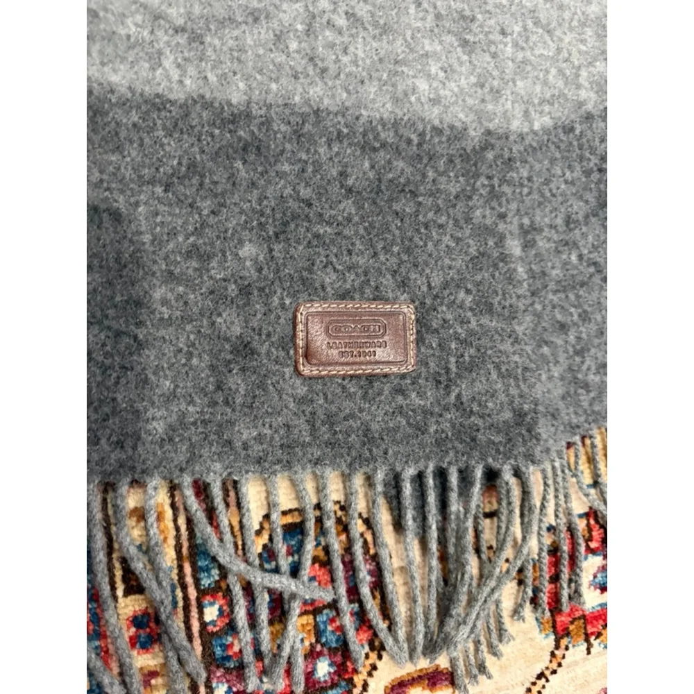 Coach 100% Lambswool Ombre Gray Stripe Fringe Scarf Made in Scotland Unisex Wint